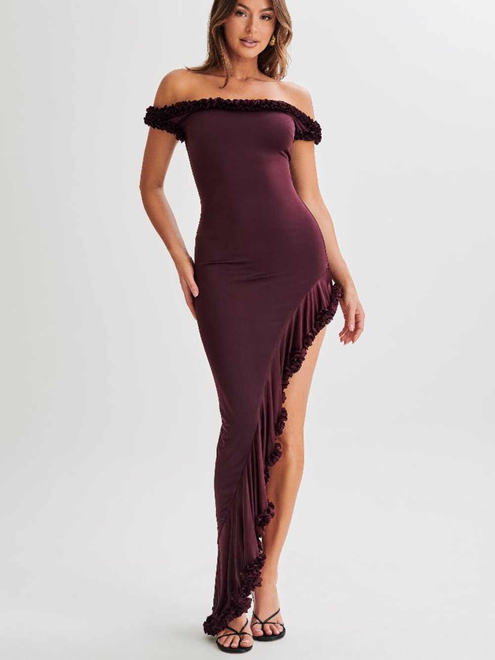 Meshki Arielle Off Shoulder Ruffle Midi Dress - Plum